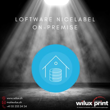 Symbol eines Hauses mit einer Datenbank unter einem Spotlight, das die automatisierte Etikettendruck Software Loftware NiceLabel On-Premise für lokale Datenhaltung und hohe Datensicherheit darstellt.