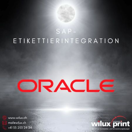 Oracle-Logo mit Text zur Oracle-Etikettierintegration für Unternehmen, die branchenspezifische Etikettendrucksoftware nutzen, um ihre Etikettendruckprozesse direkt mit Oracle ERP-Systemen zu verknüpfen.