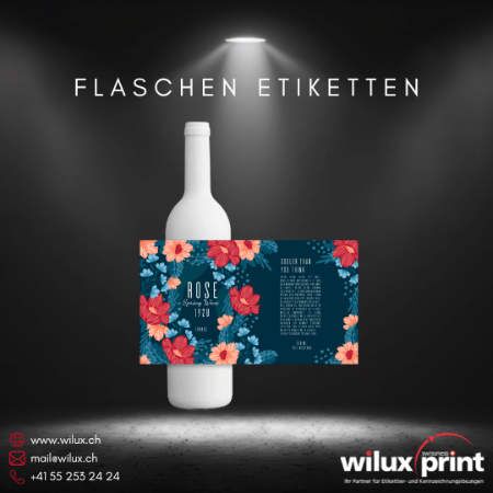 Weiße Flasche mit einem farbenfrohen Flaschen Etikett, das Blumenmuster und Produktinformationen zeigt.