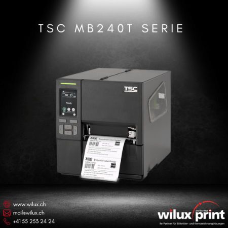 Der TSC MB240T Etikettendrucker für Industrieanwendungen mit 3,5-Zoll-Touch-LCD, unterstützt Thermodirekt- und Thermotransferdruck, geeignet für Barcodes und Etiketten in verschiedenen Branchen.