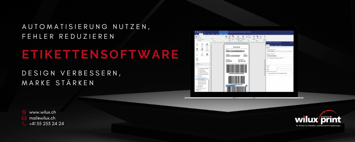 Etikettensoftware auf einem Laptop, die zur Automatisierung und Verbesserung von Etikettierungsprozessen genutzt wird, mit einem Etikettenlayout, Barcode und Textfeldern auf dem Bildschirm.