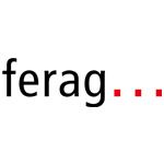 Ferag AG Logo in schwarzer Schrift mit drei roten Punkten - führender Anbieter von Lösungen für Druckerei- und Postversandprozesse mit rotem, stilisiertem Schriftzug im Logo.