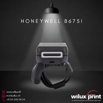 Rückansicht des Honeywell 8675i tragbaren Barcode-Scanners mit Ringhalterung, geeignet für industrielle und logistische Anwendungen, um effizientes und komfortables Scannen zu ermöglichen.