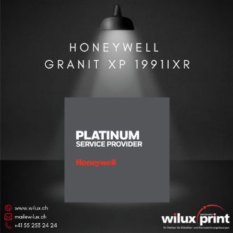 Der Honeywell Granit XP 1991iXR Barcode-Scanner zusammen mit dem Honeywell Platinum Service Provider Logo, das die erstklassige technische Unterstützung von WILUX als Honeywell Platinum Partner verdeutlicht.