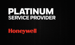 Industry printer Platinum Service Provider Honeywell in white, red writing on black background