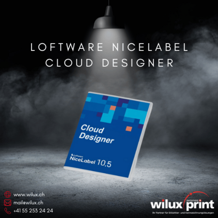 Loftware NiceLabel Cloud Designer Softwarebox auf dunklem Hintergrund, geeignet für kleinere Unternehmen zur Erstellung und Speicherung von Etiketten in der Cloud.