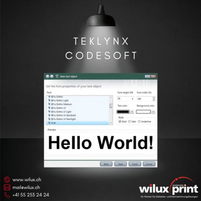 Screenshot der TEKLYNX CODESOFT Software zeigt die Erstellung eines neuen Text-Objekts mit verschiedenen Schriftarten und Stiloptionen, präsentiert von WILUX PRINT.