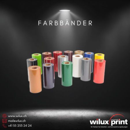 Thermotransfer Farbbänder in verschiedenen Farben, ideal für den Druck von Etiketten mit hoher Auflösung und Langlebigkeit.