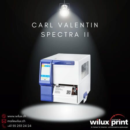 Carl Valentin Spectra II Thermodirekt- und Thermotransferdrucker mit 6,5-Zoll-Touchscreen, robustem Design, unterstützt Etikettendruck auf Papier, Karton, Textil und Kunststoff, hohe Druckgeschwindigkeit bis zu 350 mm/s.