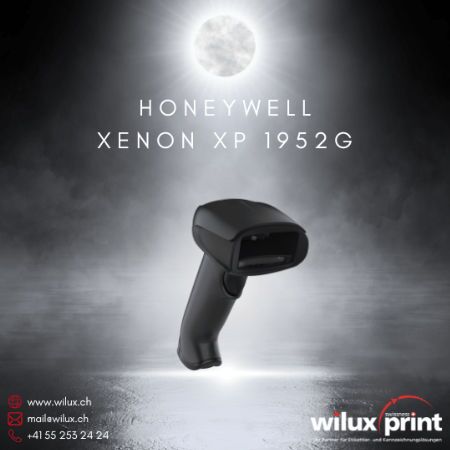 Honeywell Xenon XP 1952G kabelloser Allzweck Barcode Handscanner auf einer beleuchteten Plattform, ideal für anspruchsvolle Umgebungen und hohe Scan-Leistung. WILUX PRINT Logo unten rechts.