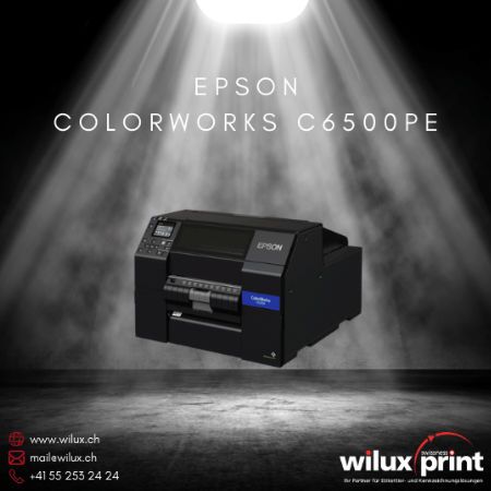 Epson ColorWorks C6500Pe Farbetikettendrucker mit PrecisionCore™ Technologie für hochauflösende Etiketten in lebendigen Farben, ideal für professionelle Anwendungen in verschiedenen Branchen.