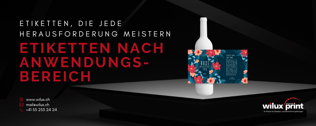 Etiketten für verschiedene Anwendungsbereiche, dargestellt auf einer Flasche zur Hervorhebung des Designs und der Produktkennzeichnung.