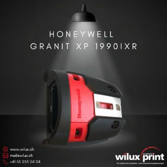 Obere Ansicht des Honeywell Granit XP 1990iXR Barcode-Scanners, der das robuste, rote Gehäuse und die strapazierfähige Konstruktion des Geräts zeigt. Ideal für den Einsatz in rauen Industrieumgebungen.