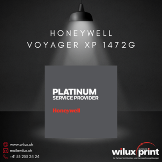 Honeywell Voyager XP 1472g kabelloser Scanner mit ergonomischem Design und dem Platinum Service Provider Badge von WILUX, ideal für Einzelhandel und Lagerlogistik.