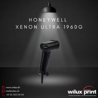 Rechte Seitenansicht des Honeywell Xenon Ultra 1960g Barcode-Scanners, unter einer Lampe präsentiert. Der Scanner zeichnet sich durch ergonomisches Design und hohe Scan-Leistung aus, ideal für Einzelhandel und industrielle Anwendungen.