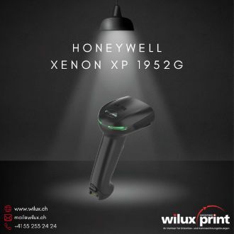 Rückansicht des kabellosen Honeywell Xenon XP 1952g Barcode-Scanners in Schwarz unter einer Lampe, ideal für flexible und mobile Datenerfassung.