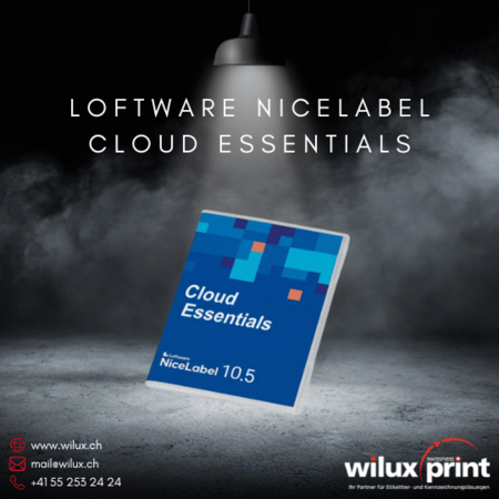 Loftware NiceLabel Cloud Essentials Softwarebox auf dunklem Hintergrund, ideal für mittelständische Unternehmen, die anpassbare Etikettierungslösungen und Druckmasken für verbesserte Kontrolle suchen.