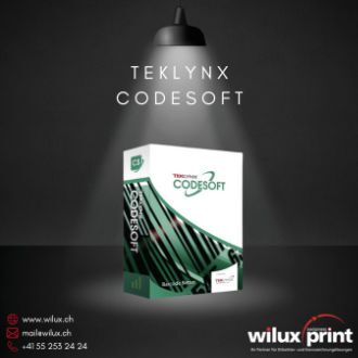 TEKLYNX CODESOFT Verpackung unter Spotlight, präsentiert von WILUX PRINT, für fortgeschrittenes Etikettendesign, RFID-Integration und Compliance-konforme Etikettierung.