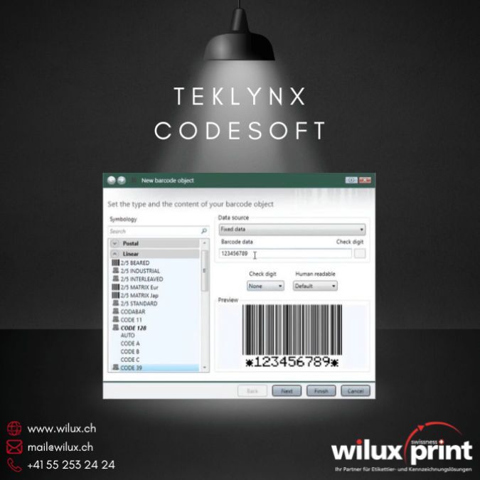 Screenshot der TEKLYNX CODESOFT Software zeigt die Erstellung eines neuen Barcode-Objekts mit verschiedenen Symbologien, präsentiert von WILUX PRINT.