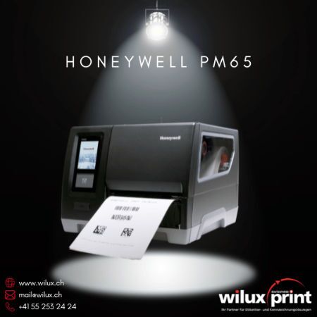 Honeywell PM65 Thermodirekt- und Thermotransferdrucker für industrielle Anwendungen mit RFID-Fähigkeit, Wi-Fi 6, Bluetooth 5.2 und platzsparendem Design, ideal für schnelle und präzise Etikettendrucke.