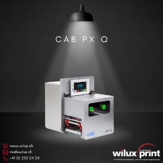 cab PX Q 4 Druckmodul mit 4-Zoll-Druckbreite für industrielle Anwendungen, unterstützt Thermotransfer- und Thermodirektdruck, ideal für vollautomatische Etikettierprozesse.