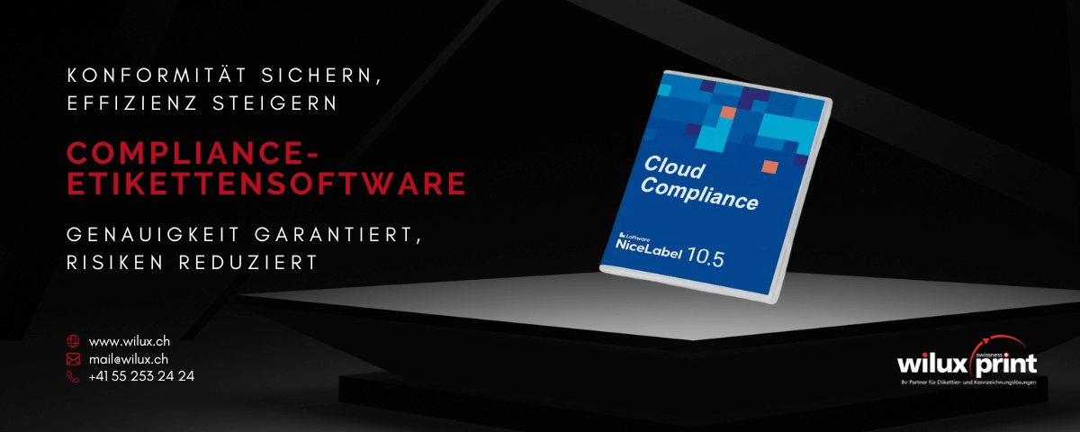 Loftware NiceLabel Cloud Compliance-Software Box auf einer Präsentationsfläche, dargestellt als Lösung zur Einhaltung regulatorischer Vorschriften in Unternehmen.