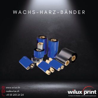 Blau-schwarze Wachs-Harz-Bänder für präzise und abriebfeste Druckergebnisse, ideal für Industrie und Logistik.