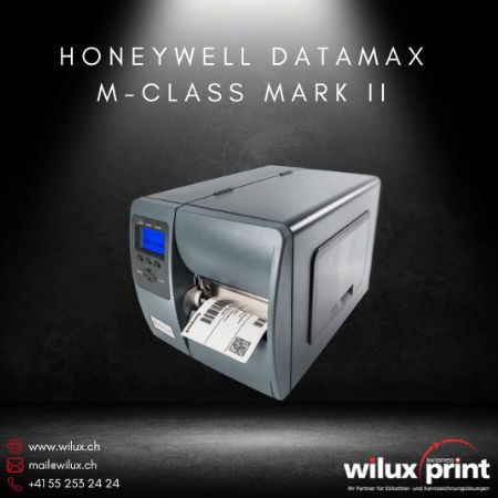 Honeywell Datamax M-Class Mark II Etikettendrucker für Industrie, zeigt ein kompaktes Design mit einem eingebauten LCD-Display und geöffneter Druckeinheit, geeignet für Thermodirekt- und Thermotransferdruck in Lagerhaltung, Logistik und Gesundheitswesen.