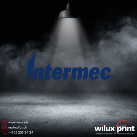 Intermec Logo, hervorgehoben auf dunklem Hintergrund, steht für führende Etikettendrucker nach Marken, speziell Desktop-Drucker und Zubehör von Honeywell.