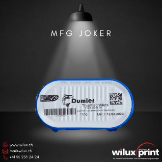 Anwendungsbeispiel für die Direktbeschriftung auf Metall: Eine Dose Thunfischfilets, die mit dem hochauflösenden Tintenstrahldrucker Joker einen dauerhaften Barcode, QR-Code und ein MHD erhalten hat.