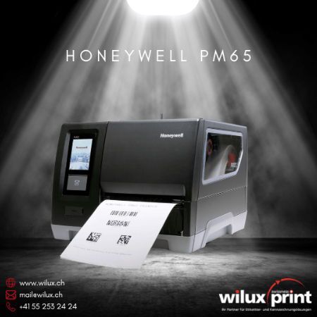 Honeywell PM65 Industriedrucker, der Thermodirekt-, Thermotransfer- und RFID-Druck unterstützt, mit Wi-Fi 6 und Bluetooth 5.2 für hohe Geschwindigkeit und präzise Druckergebnisse.