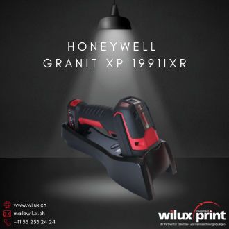 Der Honeywell Granit XP 1991iXR Barcode-Scanner liegt auf seiner Basisstation. Der Scanner in rotem und schwarzem Design ist für extreme industrielle Bedingungen konzipiert und bietet kabellose FlexRange™-Technologie.