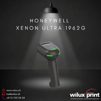 Der Honeywell Xenon Ultra 1962g kabellose Barcode Scanner auf dunklem Hintergrund, zeigt seine ergonomische Rückseite und beleuchtete Anzeigeleuchten. Er bietet Bluetooth-Konnektivität und robuste Leistung für den Einzelhandel und die Industrie.