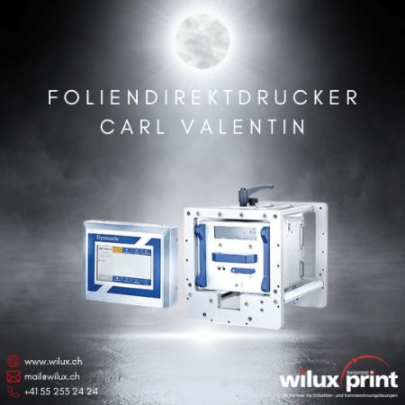 Der Carl Valentin Dynacode II Foliendirektdrucker und das Steuergerät, ein industrieller Spezialdrucker, ideal für variablen Datendruck direkt auf Folien, perfekt für industrielle Produktionsprozesse.