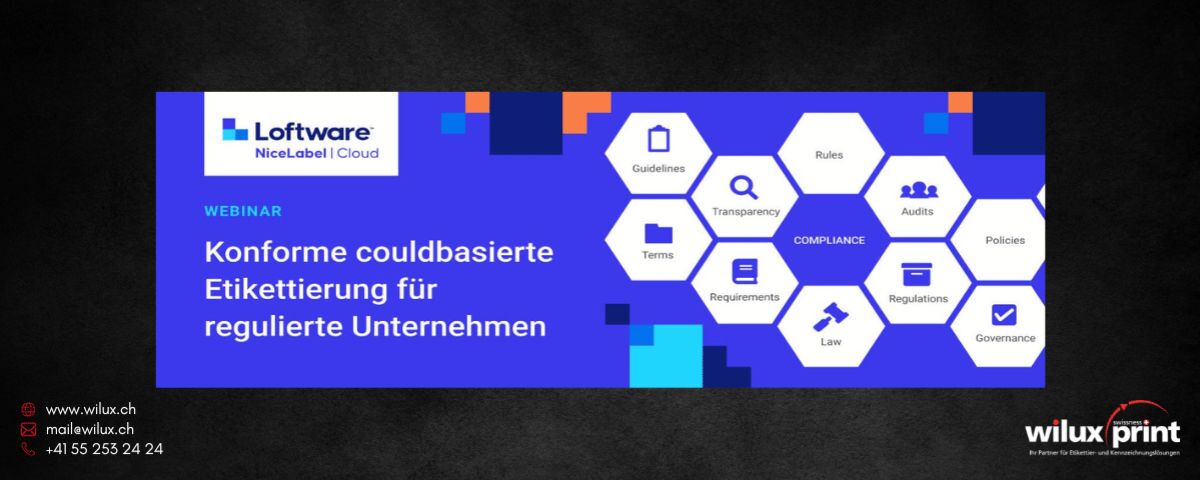 Webinar-Banner für Loftware NiceLabel Cloud Designer 10.5 über Cloud-basierte Etikettierungslösungen für regulierte Unternehmen.