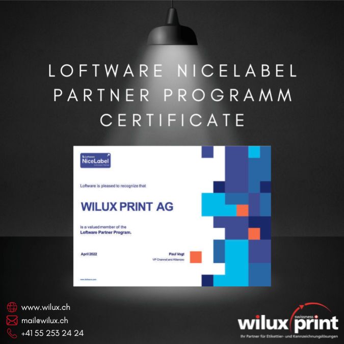 Loftware NiceLabel Cloud Essentials 10.5 Partner Programm Zertifikat für WILUX PRINT AG vor dunklem Hintergrund.