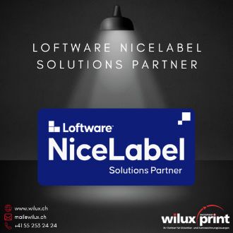 Loftware NiceLabel Solutions Partner Zertifikat vor dunklem Hintergrund. WILUX PRINT als zertifizierter Partner für Loftware NiceLabel Cloud Essentials 10.5.