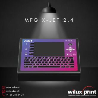 MFG X-Jet 2.4 High-Resolution Inkjet-Controller Frontansicht mit 5,7 Zoll TFT-Touchdisplay (QVGA 320x240), integrierter Tastatur und Navigationstasten für intuitive Bedienung, Drop-on-Demand System für industrielle Kennzeichnung