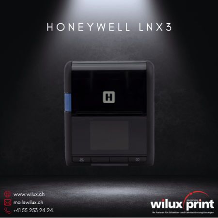 Der Honeywell LNX3 mobile Etikettendrucker, ein kompakter, tragbarer Drucker, der Thermodirektdruck unterstützt, mit Wi-Fi- und Bluetooth-Konnektivität, ideal für Lager und mobile Arbeitsumgebungen.