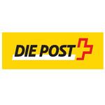 Logo der Schweizerischen Post AG in schwarzer Schrift auf gelbem Hintergrund mit rotem Schweizer Kreuz - führender Logistik- und Postdienstleister der Schweiz