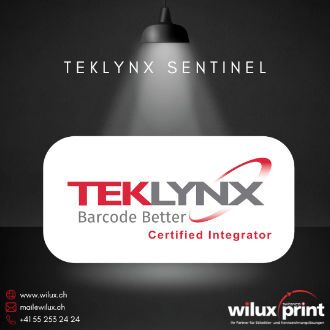 Logo von TEKLYNX Barcode Better mit dem Titel Certified Integrator, präsentiert von WILUX PRINT für die SENTINEL Druckautomatisierungslösung.