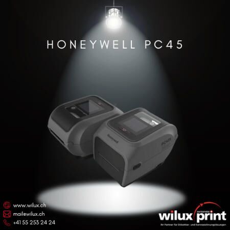 Zwei Honeywell PC45 Druckermodelle für Thermodirekt- und Thermotransferdruck, ideal für vielseitige Barcodedruck-Anwendungen mit optionaler RFID-Technologie und flexibler Konnektivität.