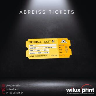 Gelbes Abreiss Ticket für ein Fussballspiel, ideal für Kino, Theater, Sportveranstaltungen und Freizeitparks.