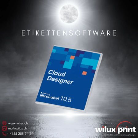 Packung der Loftware NiceLabel 10.5 Cloud Designer Software unter einem beleuchteten Mond, ideal zur Optimierung von Etikettierung und Kennzeichnung.