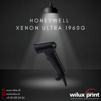 Seitliche Ansicht des Honeywell Xenon Ultra 1960g Barcode-Scanners unter einer Lampe, zeigt das ergonomische und robuste Design, das ideal für den Einsatz im Einzelhandel und in der Leichtindustrie ist.