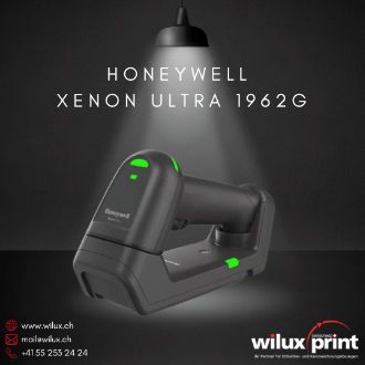 Der Honeywell Xenon Ultra 1962g Barcode-Scanner in schwarz liegt auf seiner Basisstation, beleuchtet von oben. Der Scanner zeigt grüne LED-Anzeigen und ist für kabelloses Scannen mit Bluetooth-Technologie konzipiert.