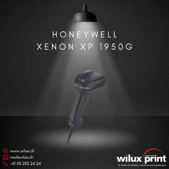 Der Honeywell Xenon XP 1950g Barcode-Scanner unter einer beleuchteten Lampe auf dunklem Hintergrund. Der kabelgebundene Scanner ist ideal für den Einsatz in Einzelhandel und Industrie.