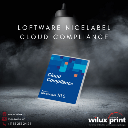 Loftware NiceLabel Cloud Compliance Softwarebox auf dunklem Hintergrund, ideal für Unternehmen in regulierten Branchen, die strenge Compliance- und Validierungsanforderungen bei der Etikettierung erfüllen müssen.