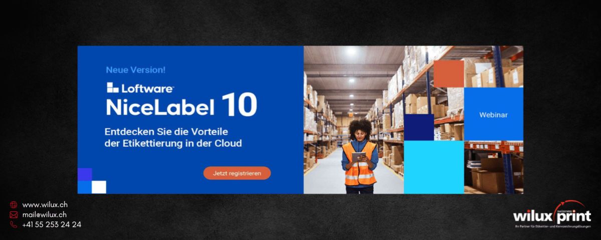 Loftware NiceLabel 10 Webinar Banner mit dem Titel 'Entdecken Sie die Vorteile der Etikettierung in der Cloud', präsentiert von WILUX PRINT.