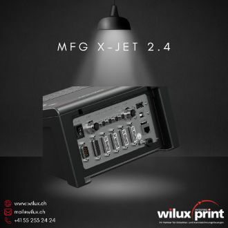 MFG X-Jet 2.4 High-Resolution Inkjet-Controller in seitlicher Perspektive zeigt vielfältige Anschlüsse für EIA-232, Ethernet, I/O-Ports für Produktsensoren und Encoder, modulares Industriegehäuse für Produktionslinien-Integration
